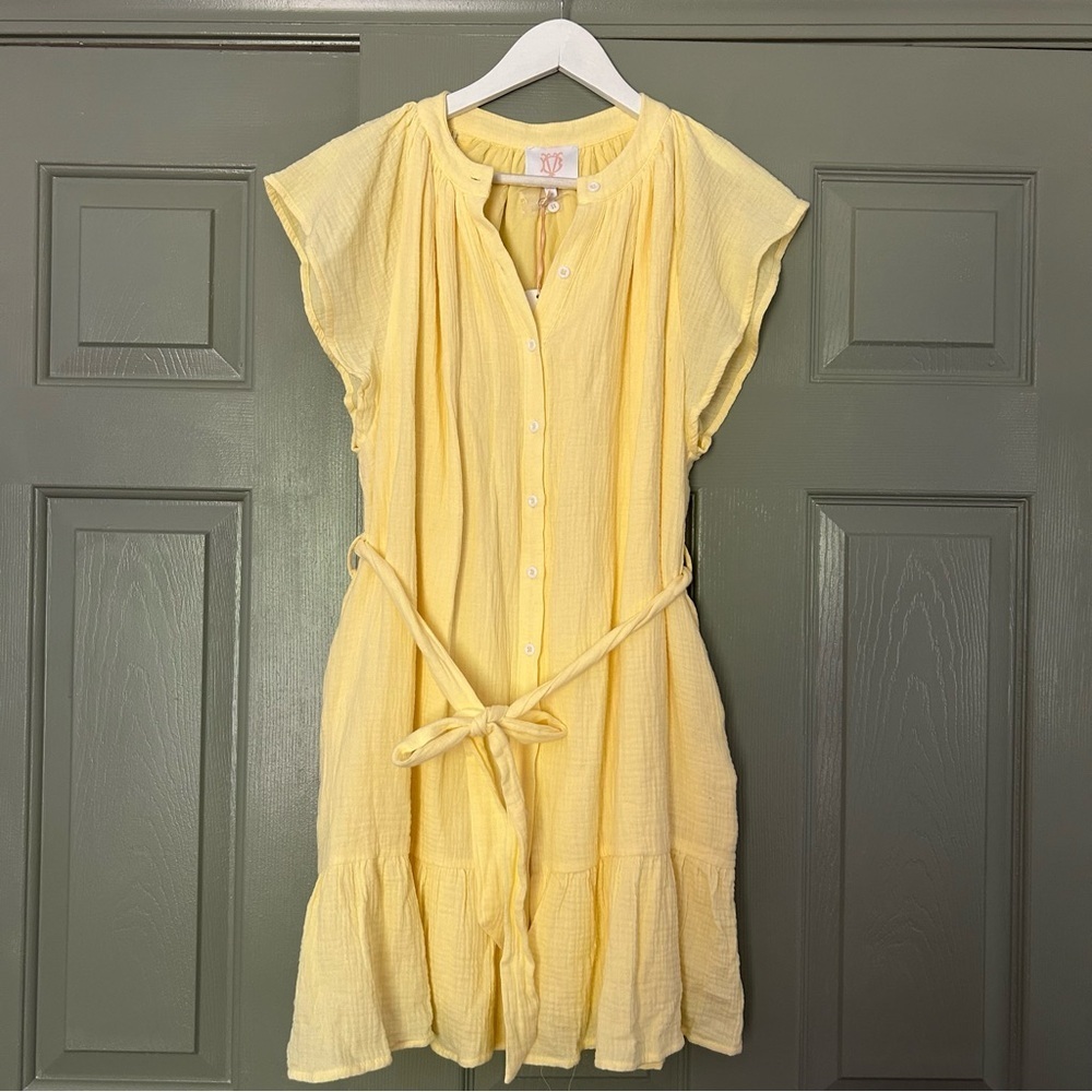 NEW Victoria Dunn Cotton‎ Gauze Butter Yellow Ruffle Dress with Waist Tie